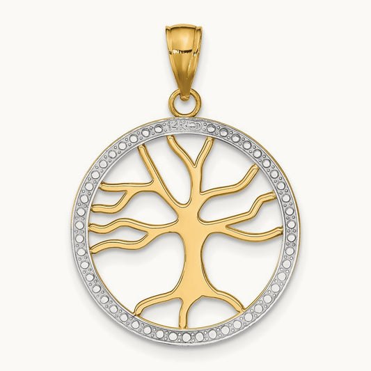 w/Rhodium Large Tree of Life Round Frame Charm, 14K