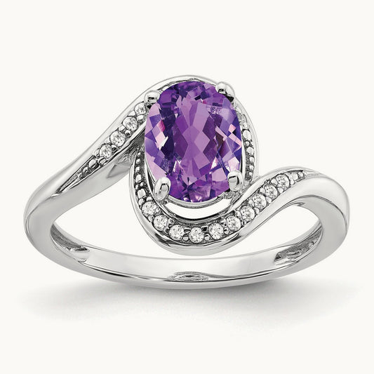Oval Amethyst and Diamond Bypass Ring, 14K White Gold