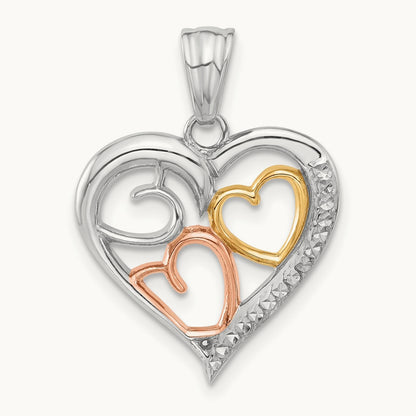Tri-color Diamond-cut Hearts Pendant, 14K