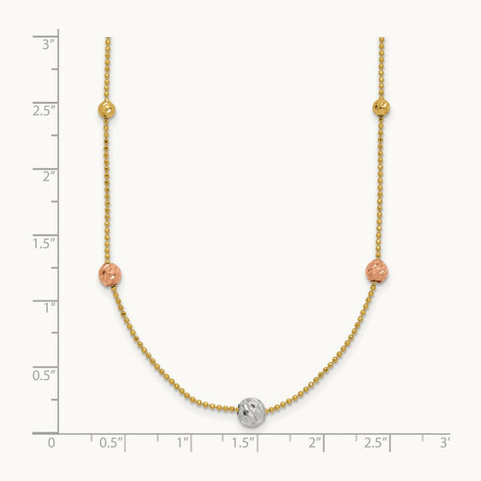 Tri-Color D/C Beads Beaded Chain Necklace, 14K