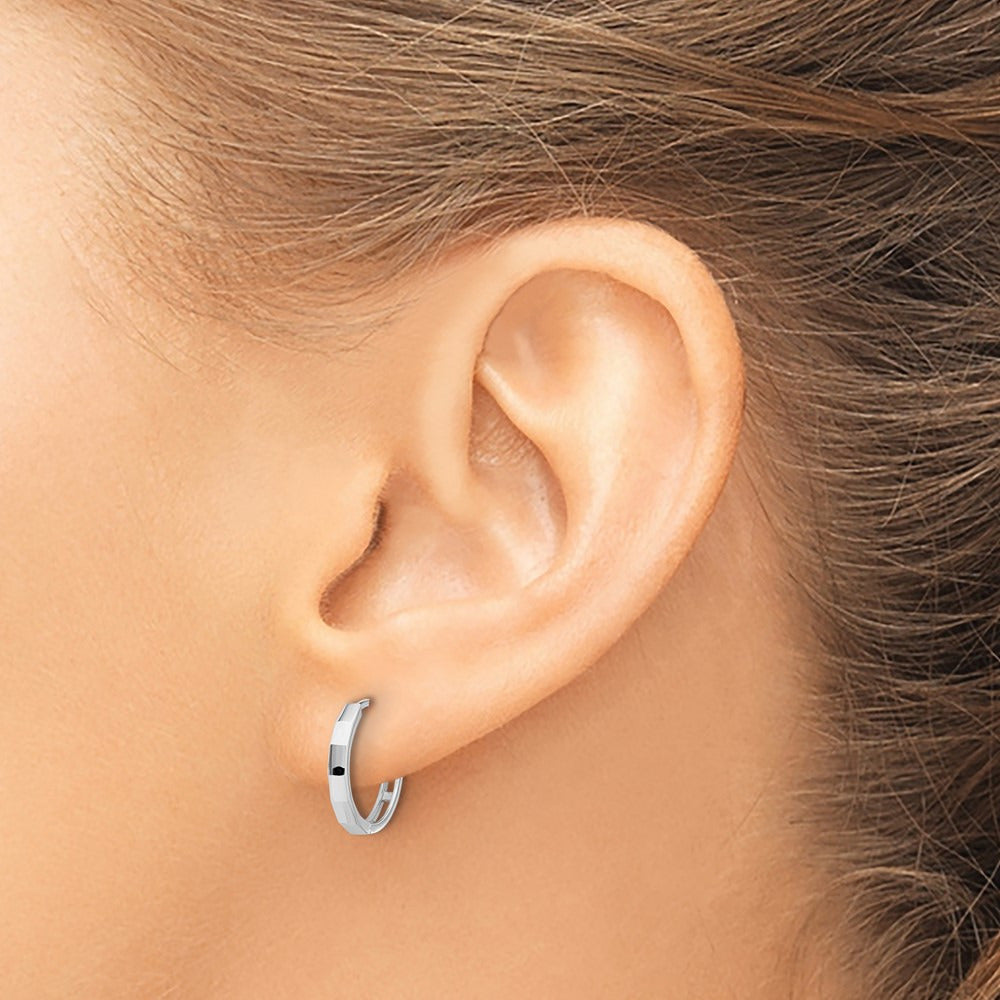 Polished and Diamond-cut Hinged Hoop Earrings — 14K White Gold