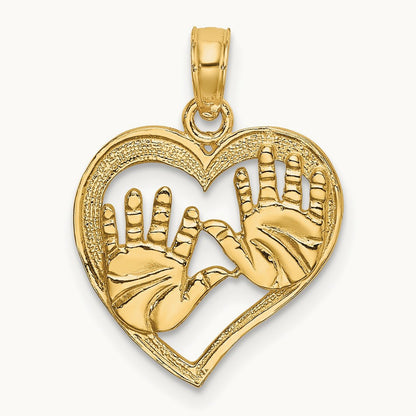 Cut-Out Double Hand Prints In Heart Charm, 14K