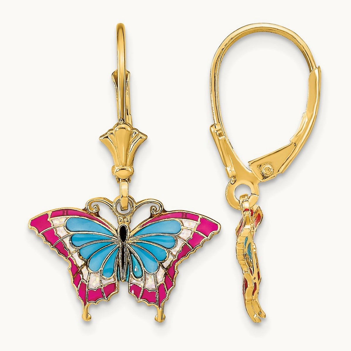 w/Blue and Red Enameled Wings Butterfly Leverback Earrings, 14K