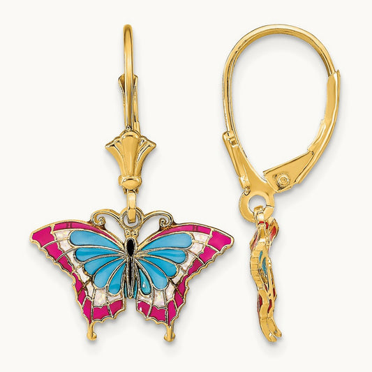 w/Blue and Red Enameled Wings Butterfly Leverback Earrings, 14K