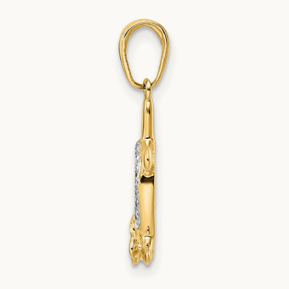 Diamond-cut Turtle w/ Flower Pendant, 14K with White Rhodium
