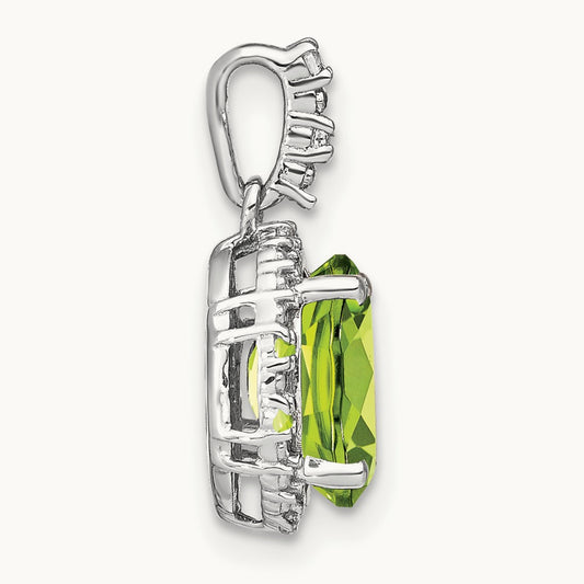 Oval Peridot and Diamond Halo Pendant, 14K White Gold