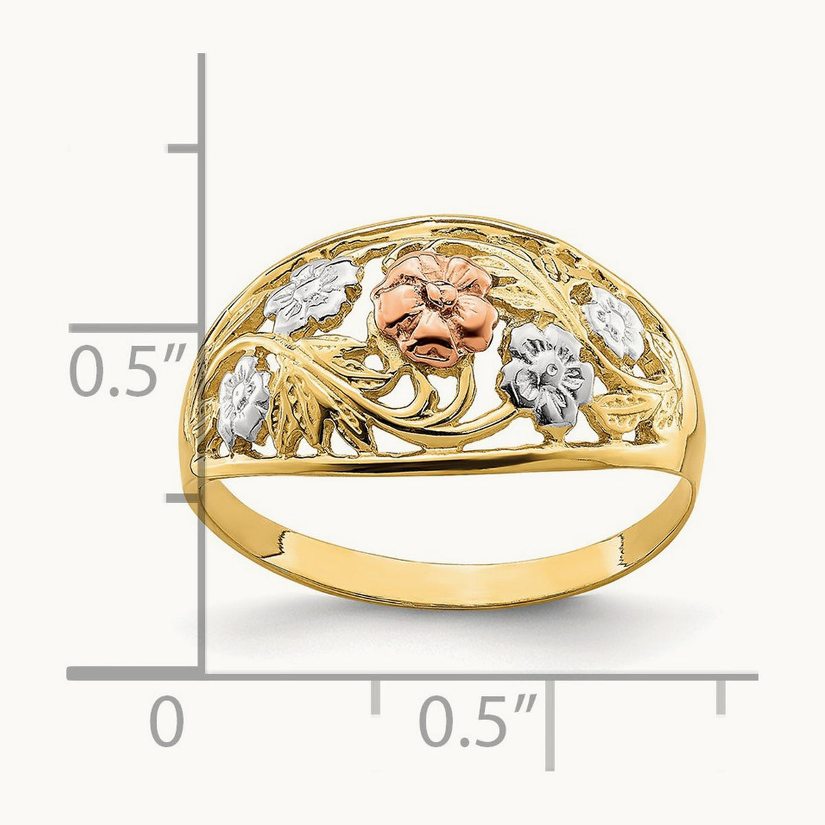 Tri- Color w/White Rhodium Floral Dome Ring, 14K