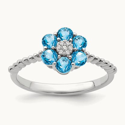 Blue Topaz and Diamond Floral Ring, 14K White Gold