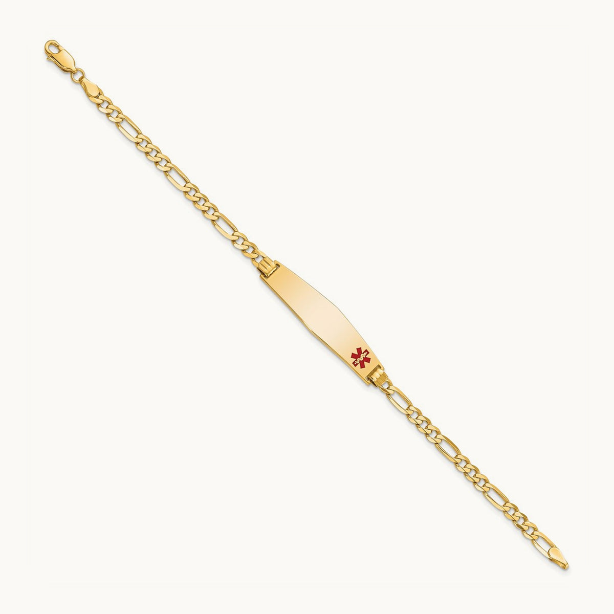 Non Enameled Medical Soft Diamond Shape Flat Figaro Link ID Bracelet, 14K