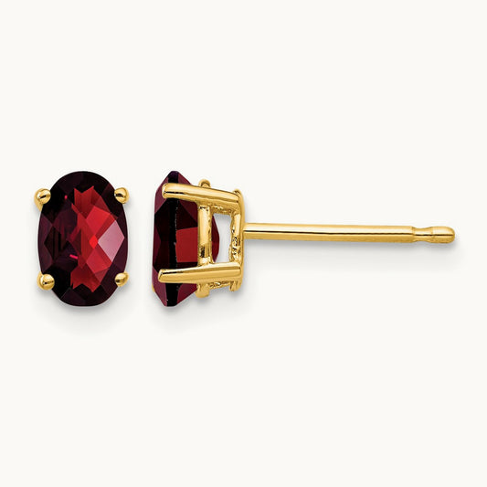 6x4mm Oval Garnet Checker Earrings, 14K