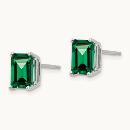 Mount St. Helens 8x6 Emerald Stud Earrings, 14K White Gold