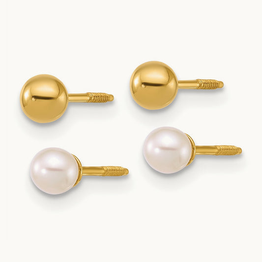Polished Ball and 3- FWC Pearl Screwback Set of 2 Earrings, 4mm, 14K