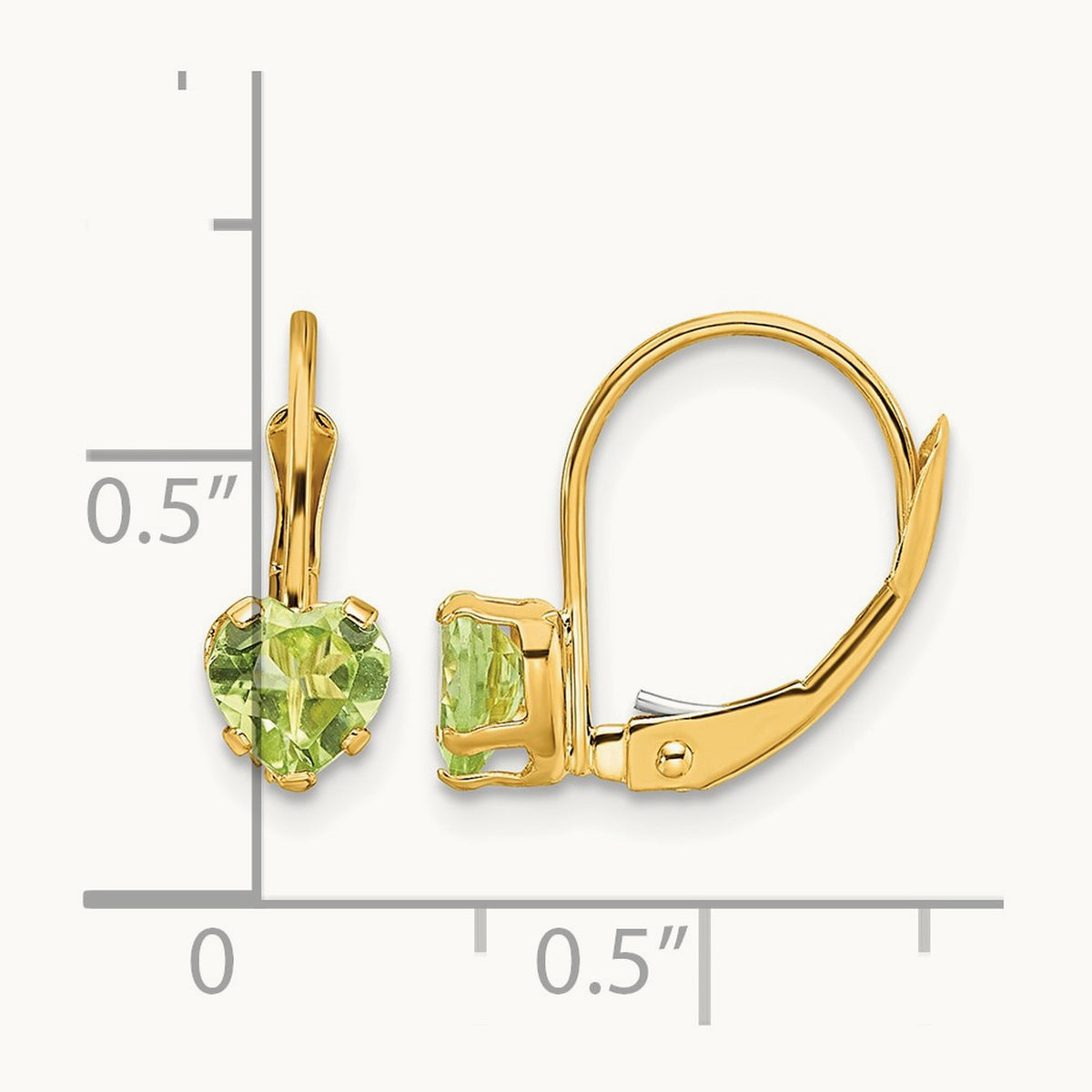 Heart Peridot Leverback Earrings — 14K Yellow Gold