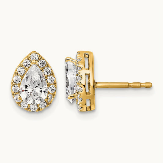 Pear Halo Post Earrings, 1.25-6.75 ct tw Lab-Grown Diamond — 1 1/4 ct, VS (Best), 14K Yellow Gold