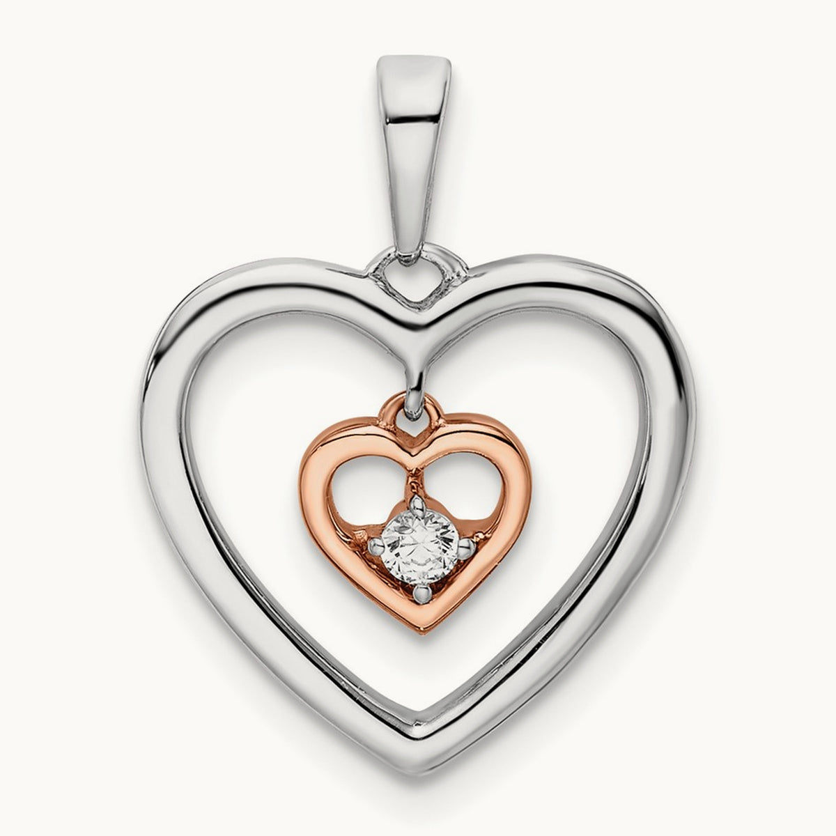 Double Heart Diamond Pendant, 14K Two-tone White with Rose