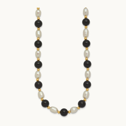 6- White Rice FW Cultured Pearl Onyx Bead Necklace, 7mm, 14K