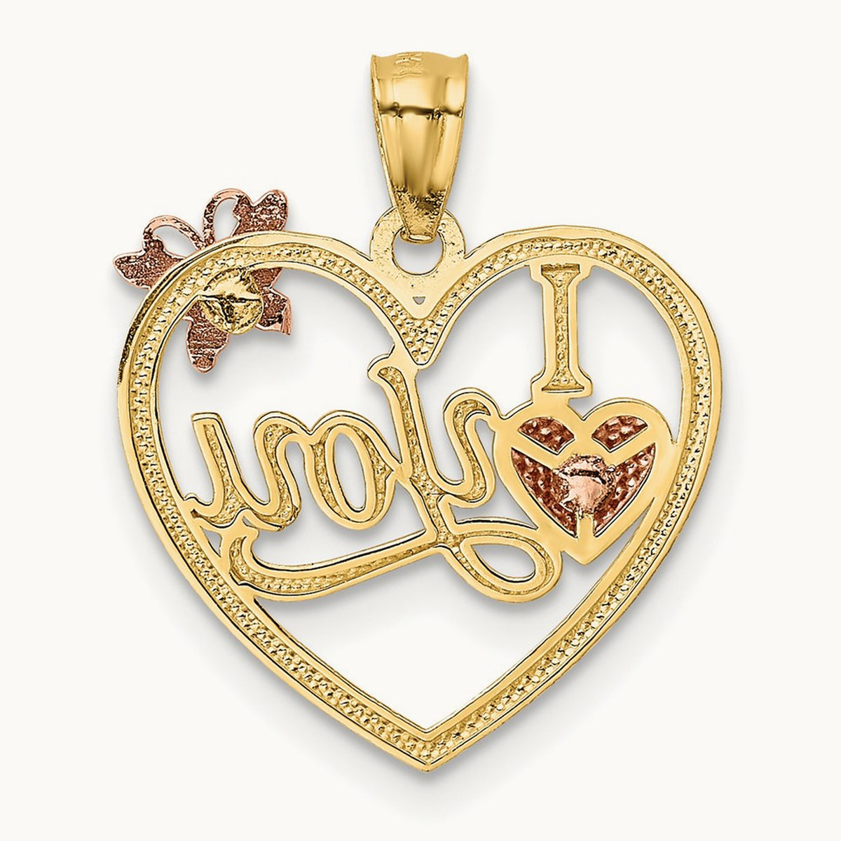 w/White Rhod I LOVE YOU Heart w/Butterfly Pendant, 14K Two-tone