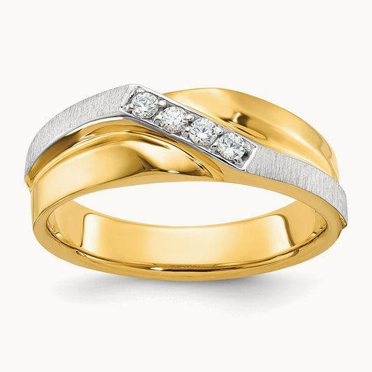 14ktt IBGoodman Men's Polished Satin & Grooved 4-Stone Diamond Ring