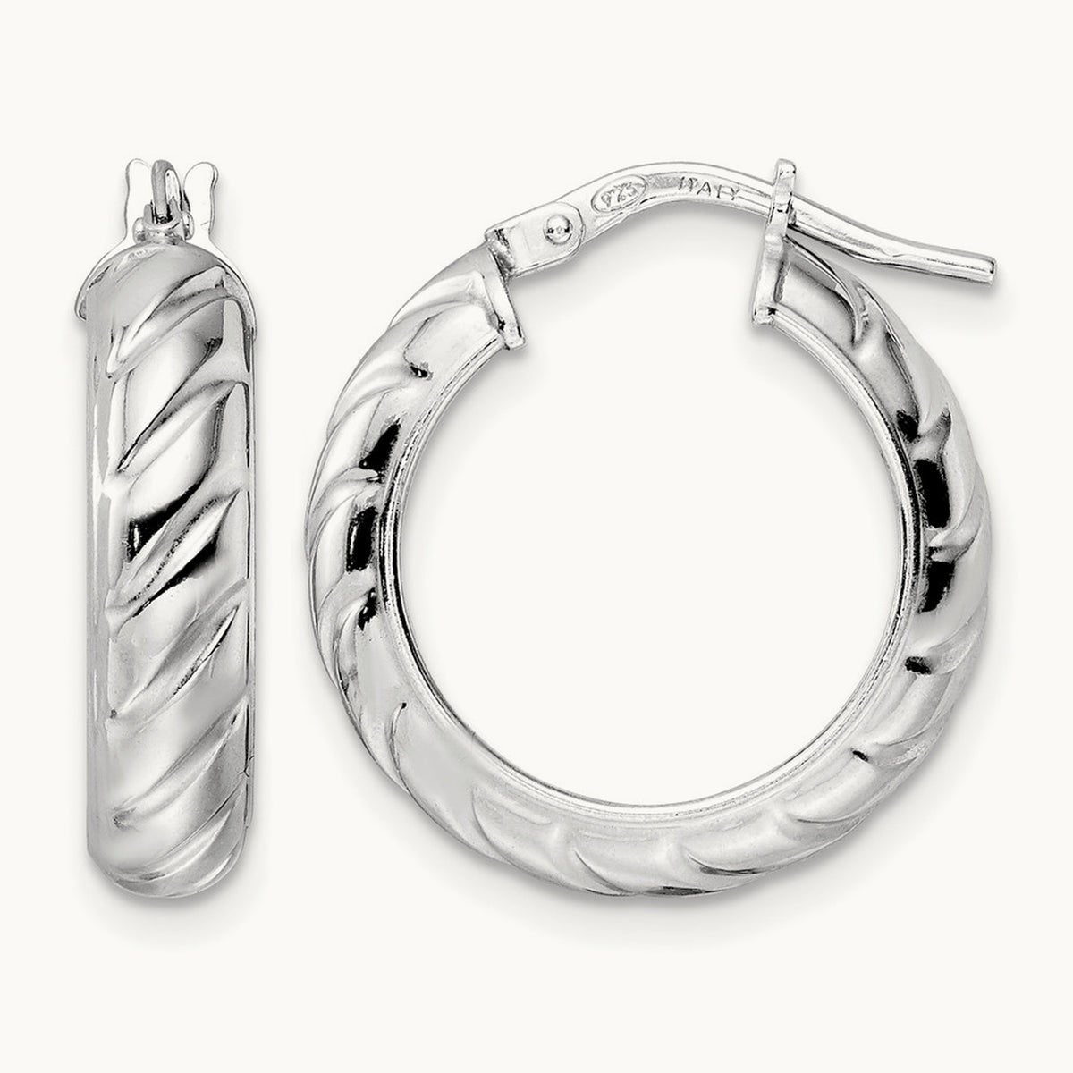 Rhod-plated Polished Textured Hoop Earrings — 21mm