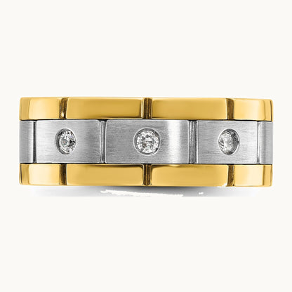 IBGoodman 14K Two-tone Men's Polished Satin and Grooved 3-Stone 1/6 Carat AA Quality Diamond Ring