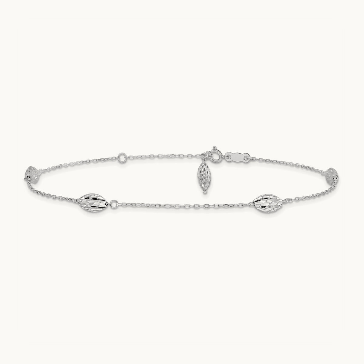 Puffed Rice Bead 9in Plus 1in ext. Anklet, 14K White Gold