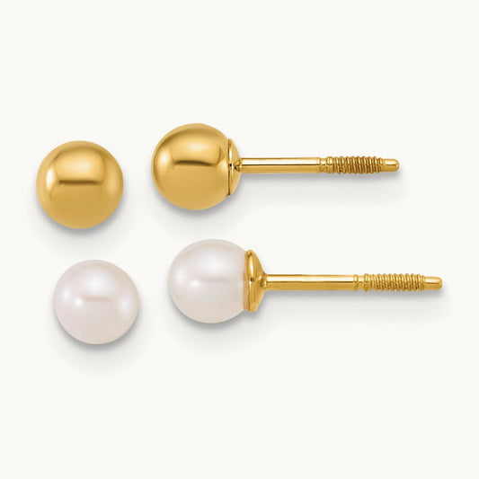 Polished Ball and 3- FWC Pearl Screwback Set of 2 Earrings, 4mm, 14K