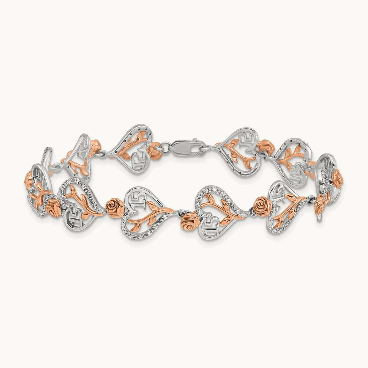 Diamond Quinceanera Heart Bracelet, 14K White with Rose Gold