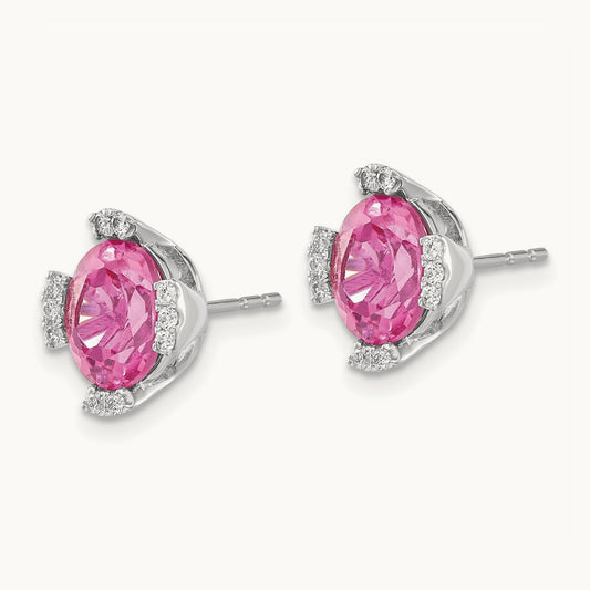 Oval Created Pink Sapphire and Diamond Earrings, 14K White Gold