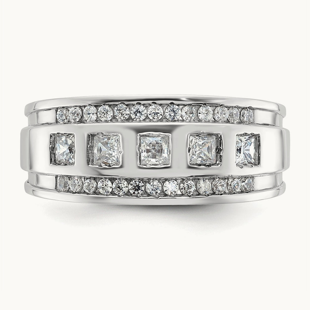 IBGoodman Men's Polish/Grooved Square Diamond 5-Stone Ring, 14K White Gold