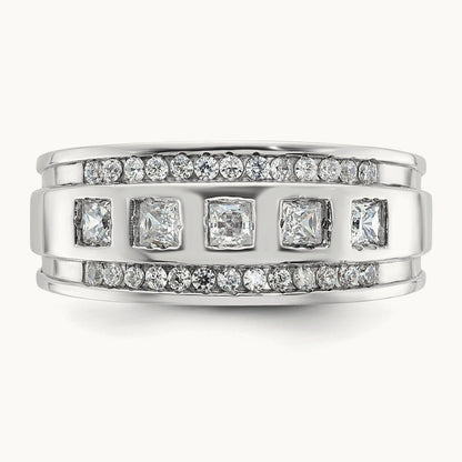 IBGoodman Men's Polish/Grooved Square Diamond 5-Stone Ring, 14K White Gold