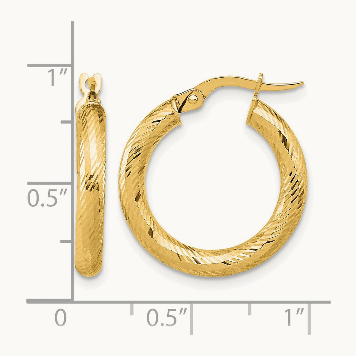 3x15 Diamond-cut Round Hoop Earrings — 14K Yellow Gold
