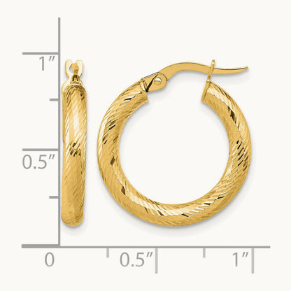 3x15 Diamond-cut Round Hoop Earrings — 14K Yellow Gold
