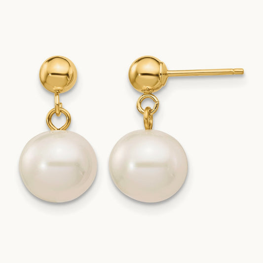 Round Freshwater Cultured Pearl Post Dangle Earrings — 14K Yellow Gold