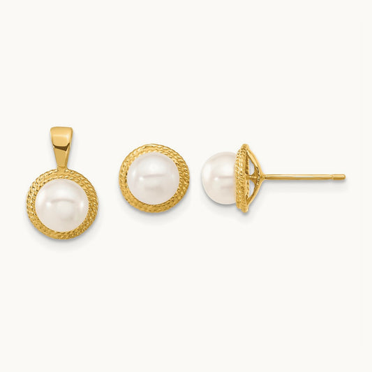 5- White Button FWC Pearl Earring and Pendant Set, 6mm, 14K