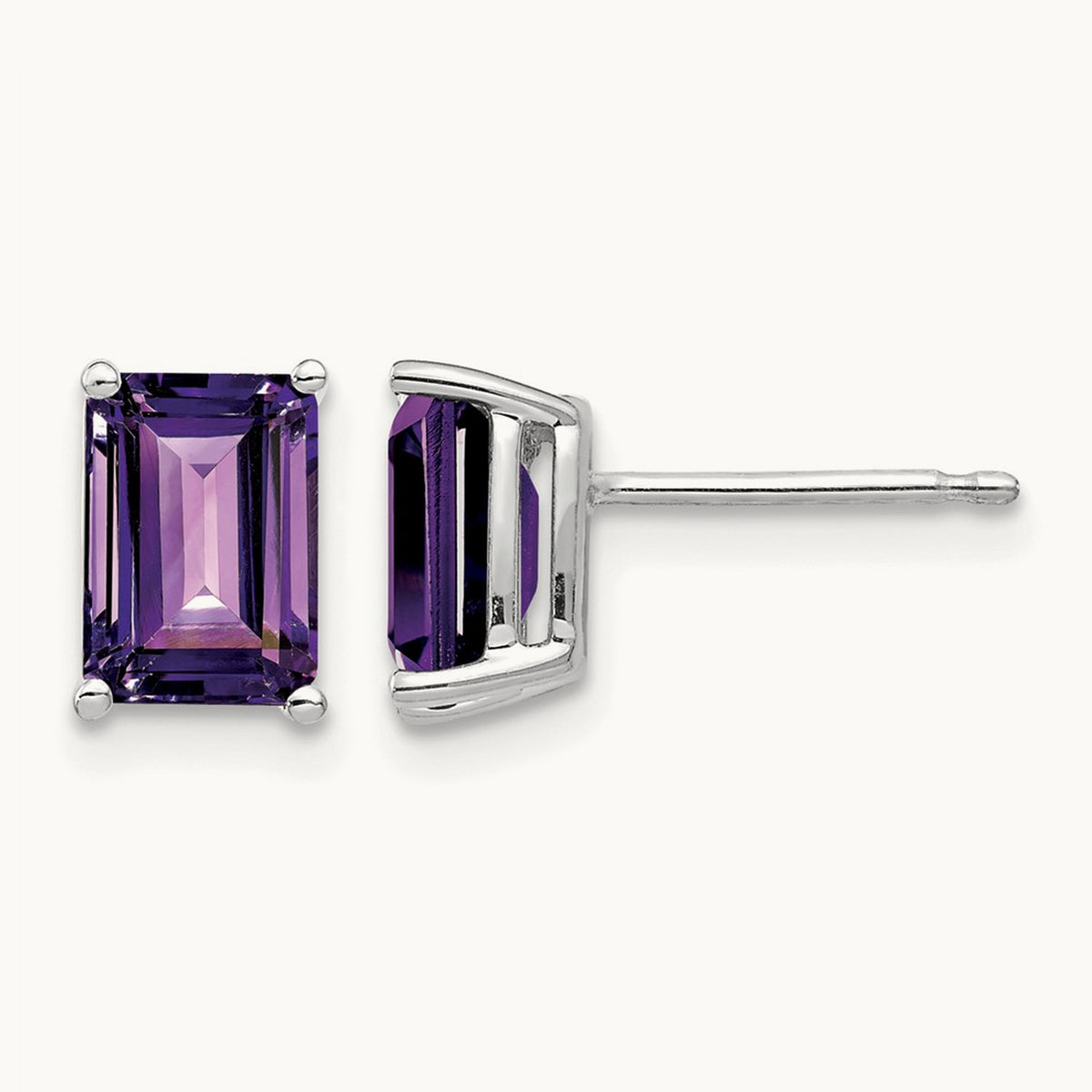 7x5mm Emerald Cut Amethyst Earrings, 14K White Gold