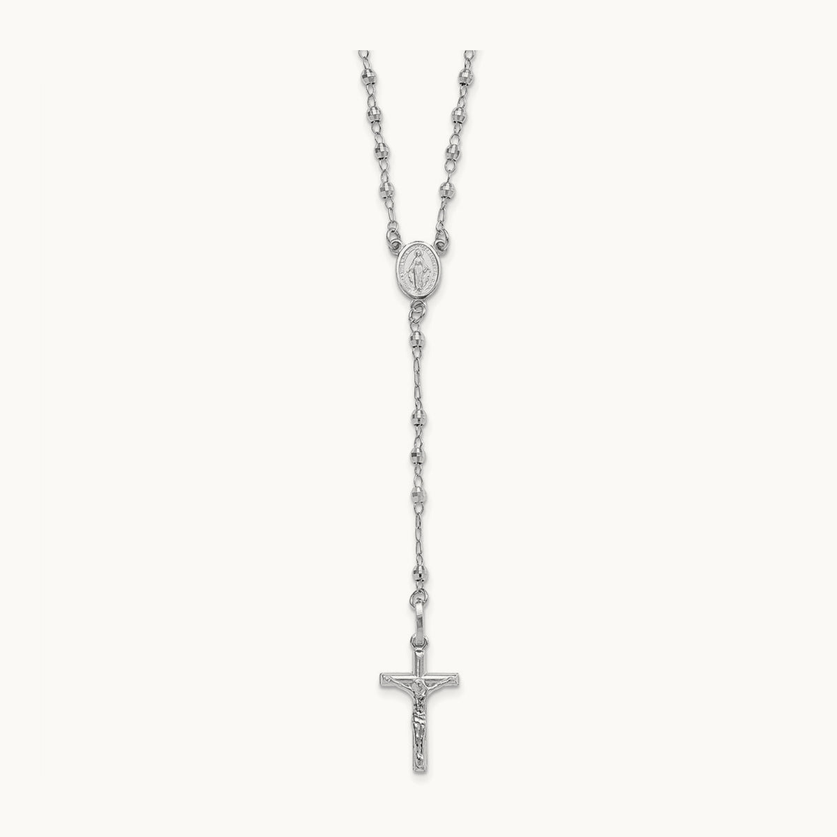 Polished Faceted Beads Rosary Necklace — 14K White Gold