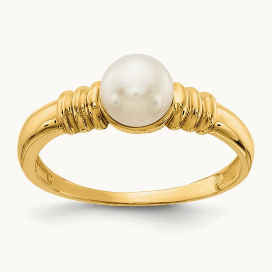 5- White Button Freshwater Cultured Pearl Ring, 6mm, 14K