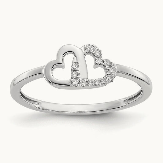 Diamond Double Heart Ring — 14K White Gold, 7
