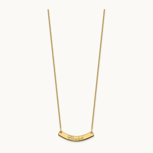 Small EDWARDIAN SCRIPT Curved Bar Necklace, 14K Yellow Gold