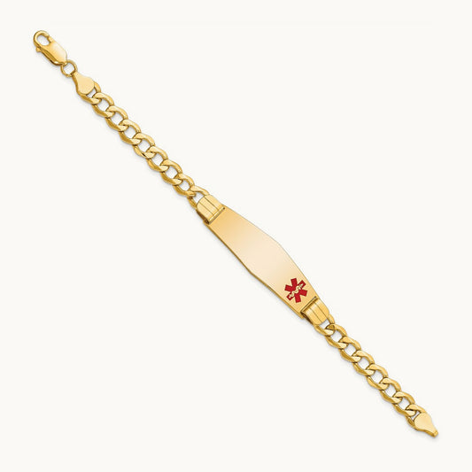 Semi-solid Medical Soft Diamond Shape Red Enamel Curb Link ID Bracelet, 14K