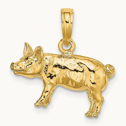 3-D Textured Farm Pig Charm, 14K