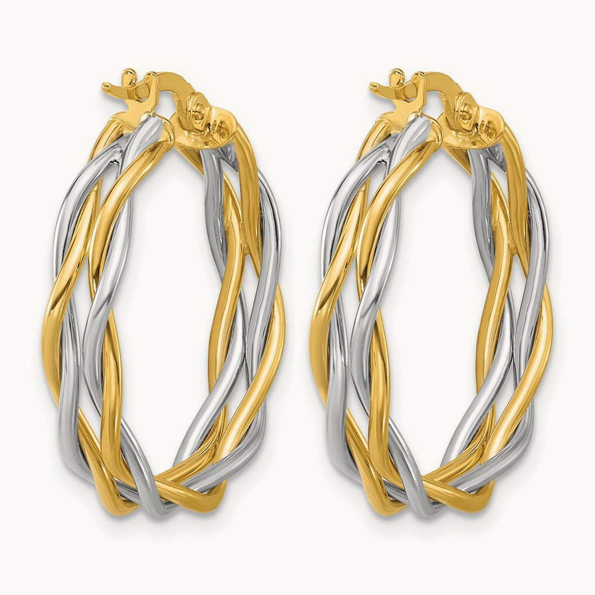 Polished Twisted Round Hoop Earrings with Rhodium — 25mm