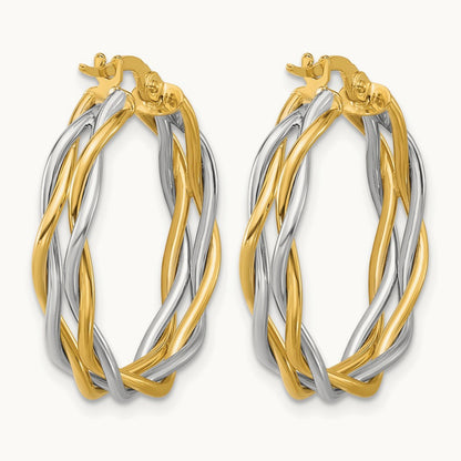 Polished Twisted Round Hoop Earrings with Rhodium — 25mm