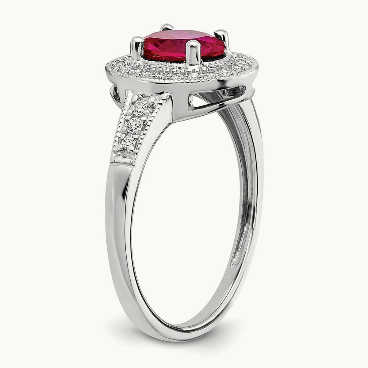 Oval Created Ruby and Diamond Halo Ring, 14K White Gold