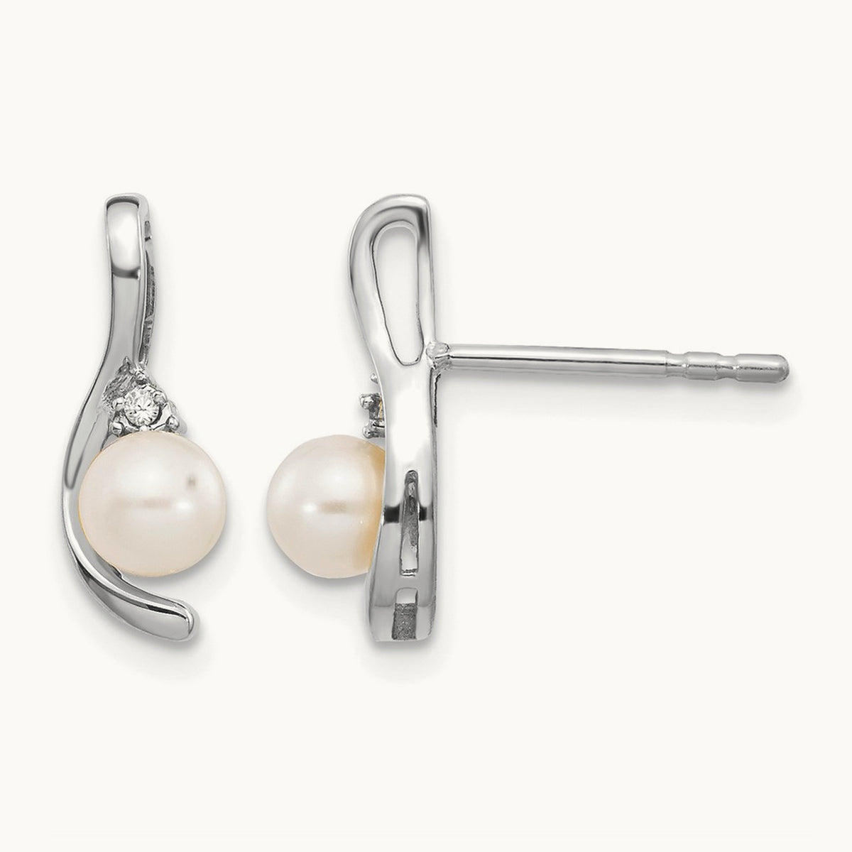 Freshwater Cultured Pearl and Diamond Post Earrings — 14K White Gold, 14mm