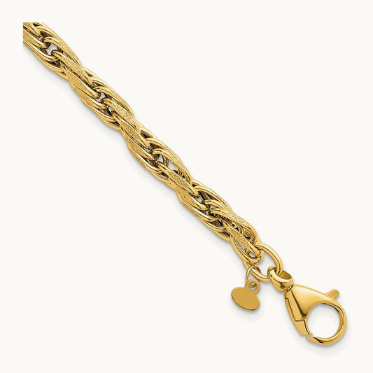 Polished And Textured Flat Rope Chain 7.5in Bracelet, 14K