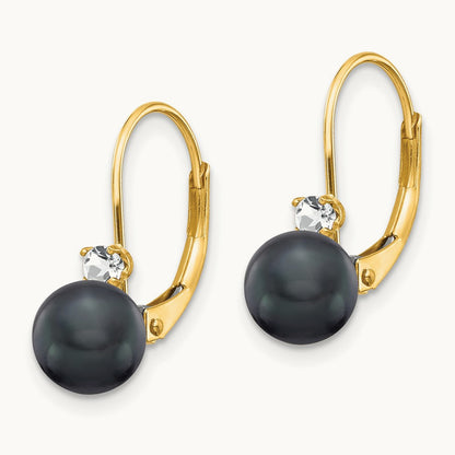 6- Black FW Cultured Pearl AA Diamond Leverback Earrings, 7mm, 14K