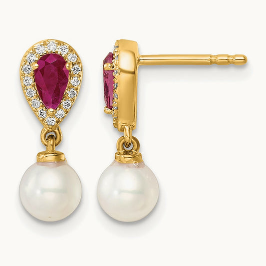 Polished Diamond Pearl and Ruby Dangle Post Earrings, 14K