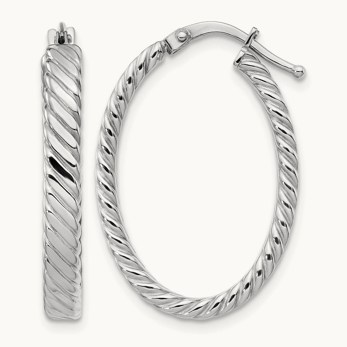 Large Patterned Oval Hoop Earrings, 3mm, 14K White Gold