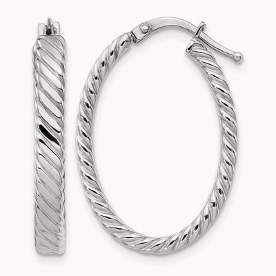 Large Patterned Oval Hoop Earrings, 3mm, 14K White Gold